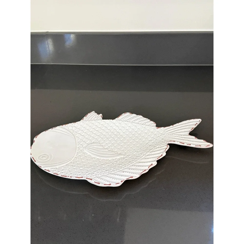 Vtg Mud‎ Pie White Ceramic Fish Platter Embossed Scale Coastal Serving Tray